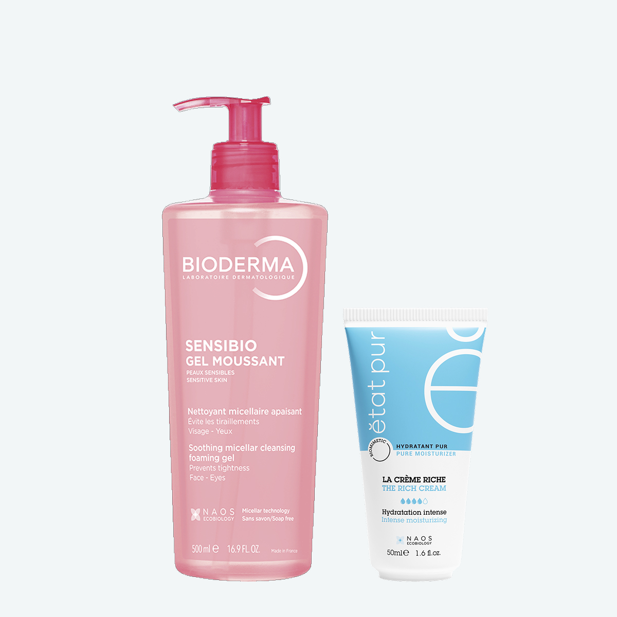 Набор Bioderma Sensibio Гель для умывания, 500 мл + Etat Pur Увлажняющий крем с легкой текстурой, 40 мл