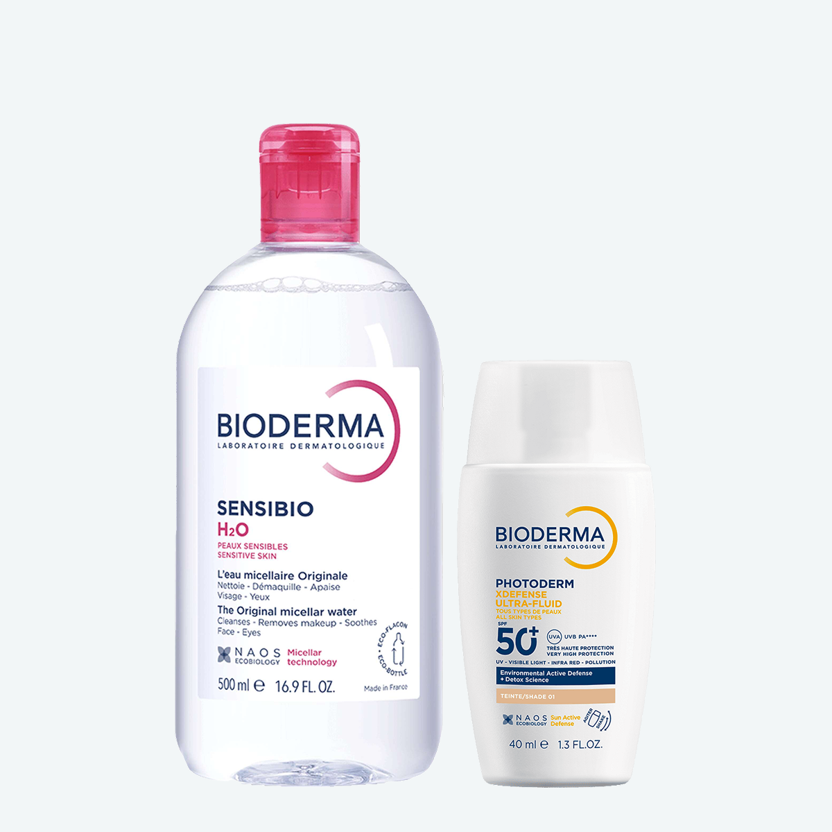 Набор Photoderm Xdefense SPF 50+ Солнцезащитный флюид очень светлый оттенок и Sensibio Мицеллярная вода для чувствительной кожи BIODERMA Высокая степень защиты и базовое очищение, фото
