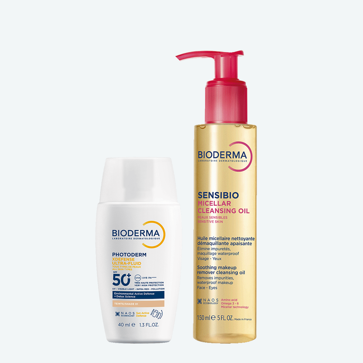 Набор Photoderm Xdefense SPF 50+ Солнцезащитный флюид очень светлый оттенок и Sensibio Мицеллярное масло для очищения BIODERMA Высокая степень защиты и бережное очищение, фото