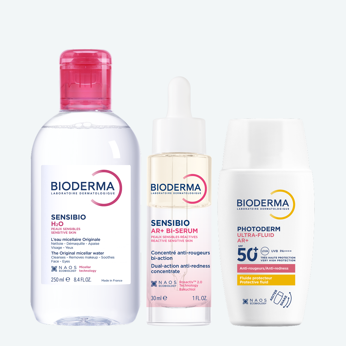 Набор Photoderm Солнцезащитный флюид для чувствительной кожи SPF 50+ и Sensibio Мицеллярная вода и сыворотка BIODERMA Очищение, увлажнение и солнцезащита для кожи с покраснениями, фото