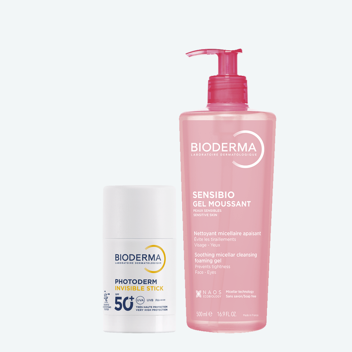 Набор Photoderm Солнцезащитный невидимый стик SPF 50+ для всех типов кожи и Sensibio Очищающий гель BIODERMA Компактная солнцезащита и базовое очищение, фото